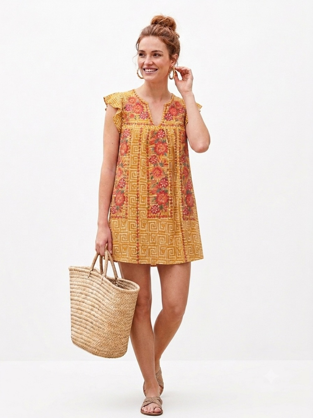 Savanna Jane Embroidered Boho Babydoll Dress Mustard Floral Ruffle Sleeve Medium